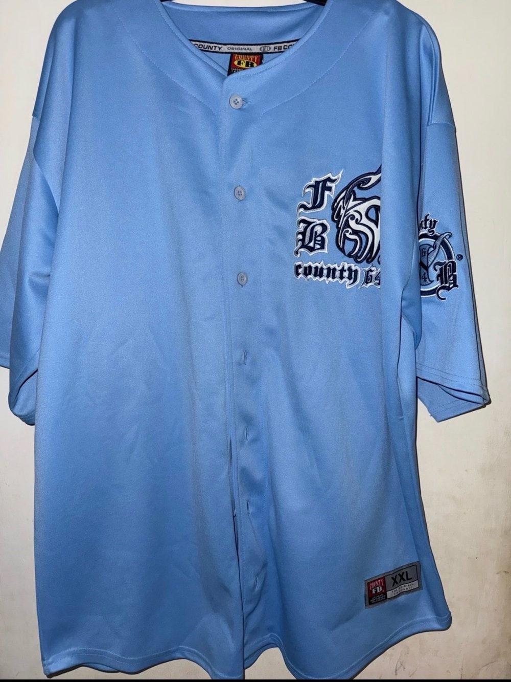 Vtg FB County Light Blue Baseball-Style Jersey Shirt